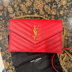❌SOLD❌ Saint Laurent Monogram Small Matelassé Envelope Chain Wallet Bag Red